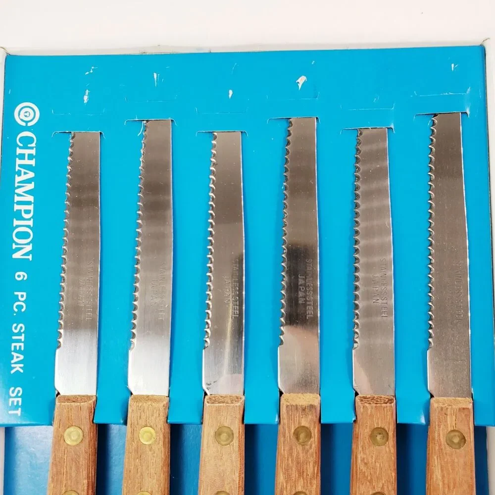 Vtg Champion 6 Pc Steak Knives Serrated Wood Riveted Handles Kitchen Utensils